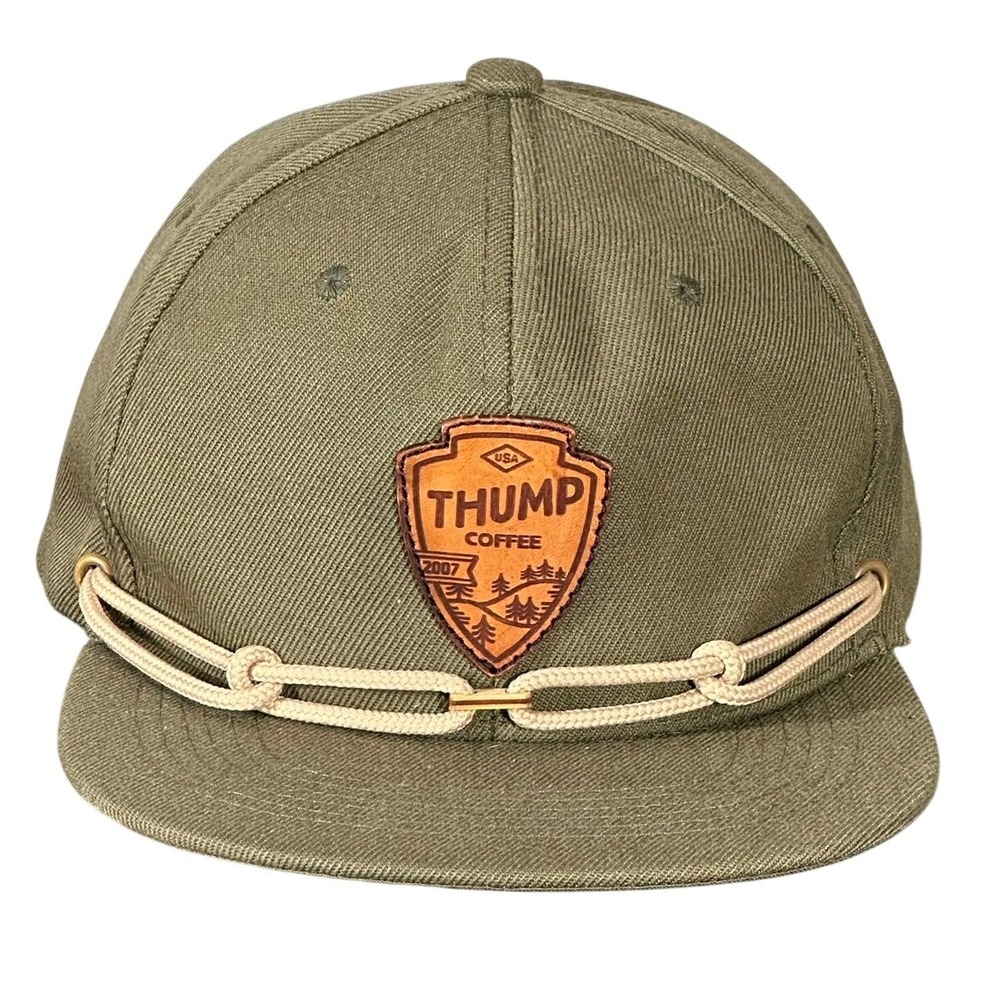 Thump Coffee Snapback Hat Adjustable Olive Green Leather Patch Rope Detail Cap